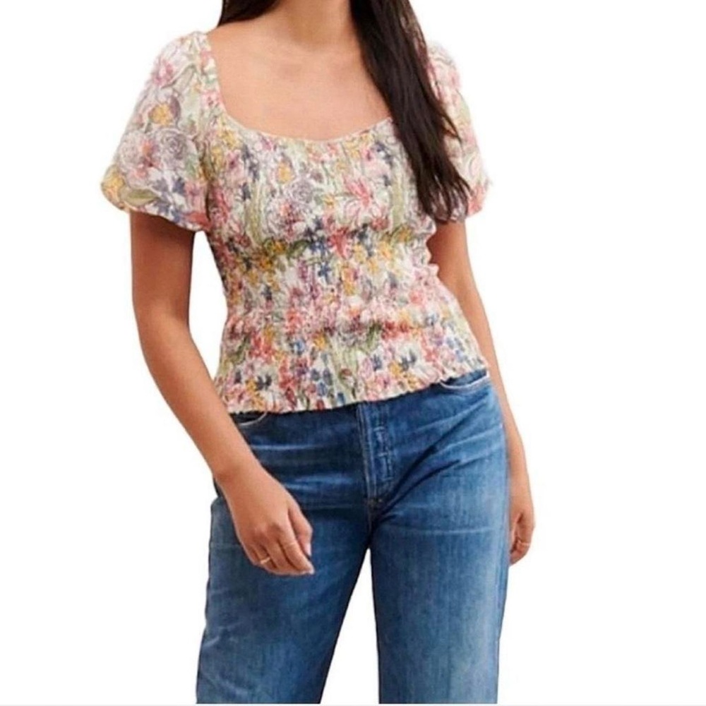 Anthropologie Floral Smocked Coquette Feminine Square Neck Puff Sleeve Blouse SM